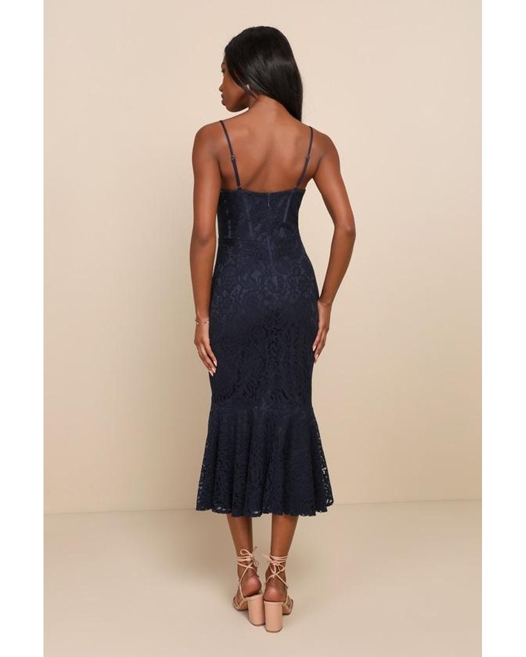 Lulus Blue Found Your Love Lace Sleeveless Trumpet Midi Dress
