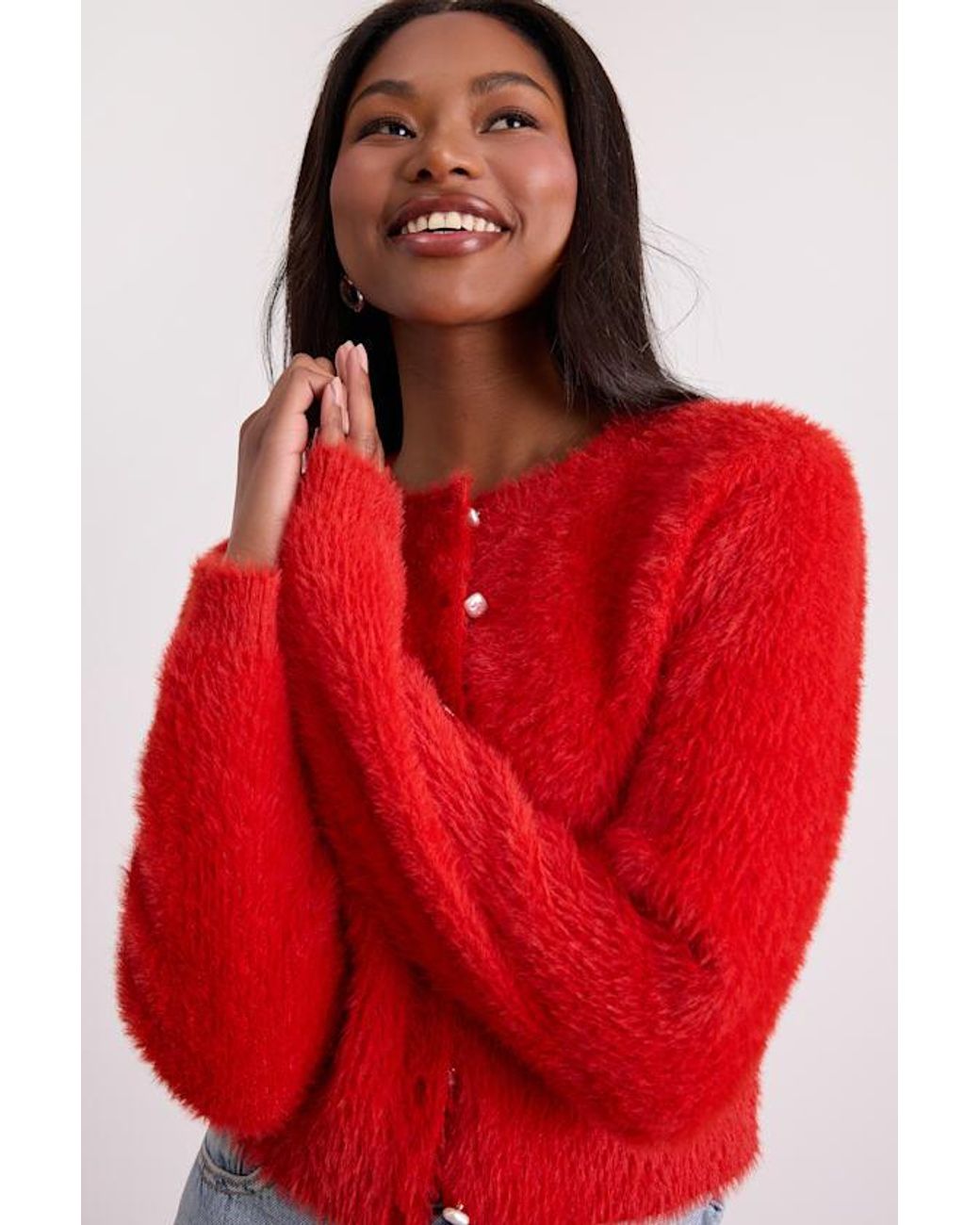 Lulus Red Arinda Eyelash Knit Button-Up Cardigan