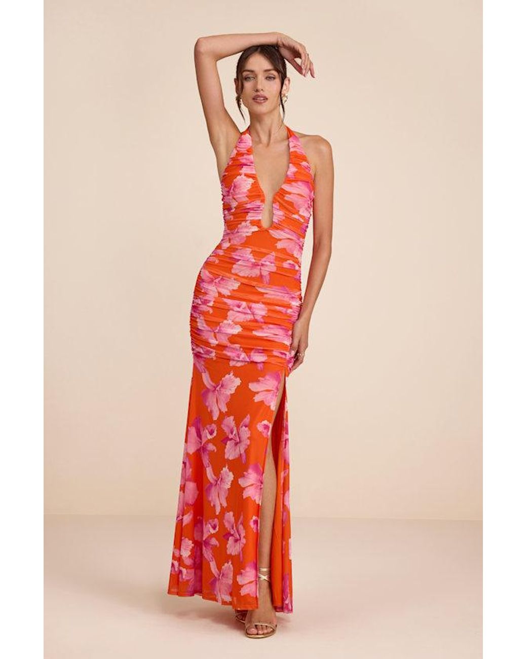 Lulus Red Fiametta And Floral Ruched Maxi Dress
