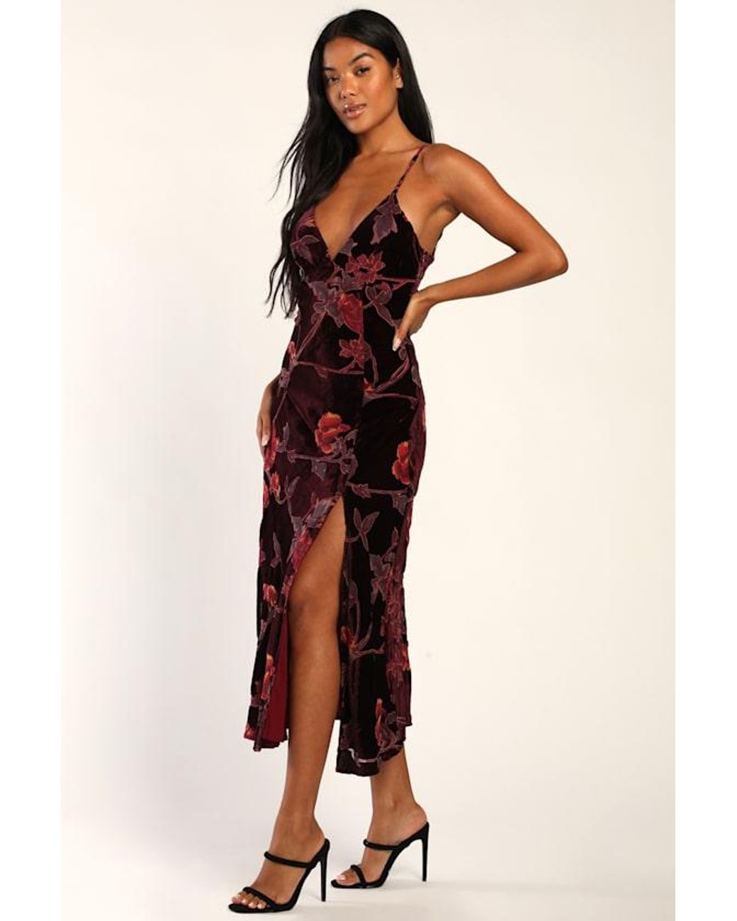 Lulus Brown Divine Allure Floral Burnout Velvet Midi Dress
