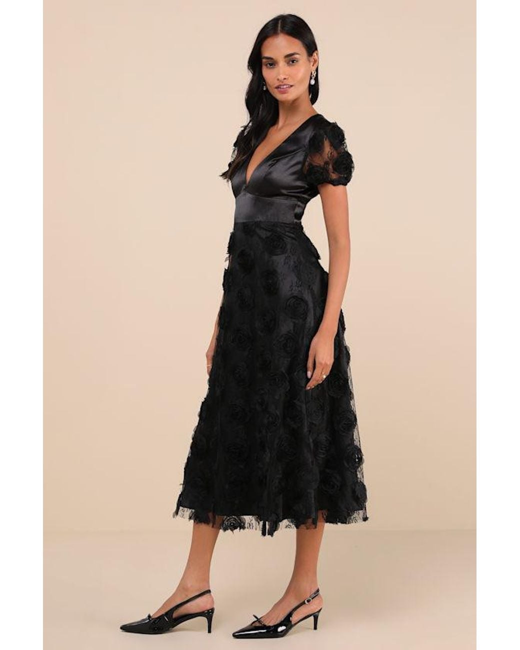 Lulus Black Gorgeous Elevation Lace Rosette Puff Sleeve Midi Dress