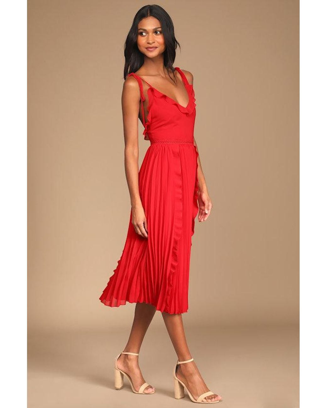 Lulus Red Never A Dull Moment Bright Tie-Strap Pleated Midi Dress
