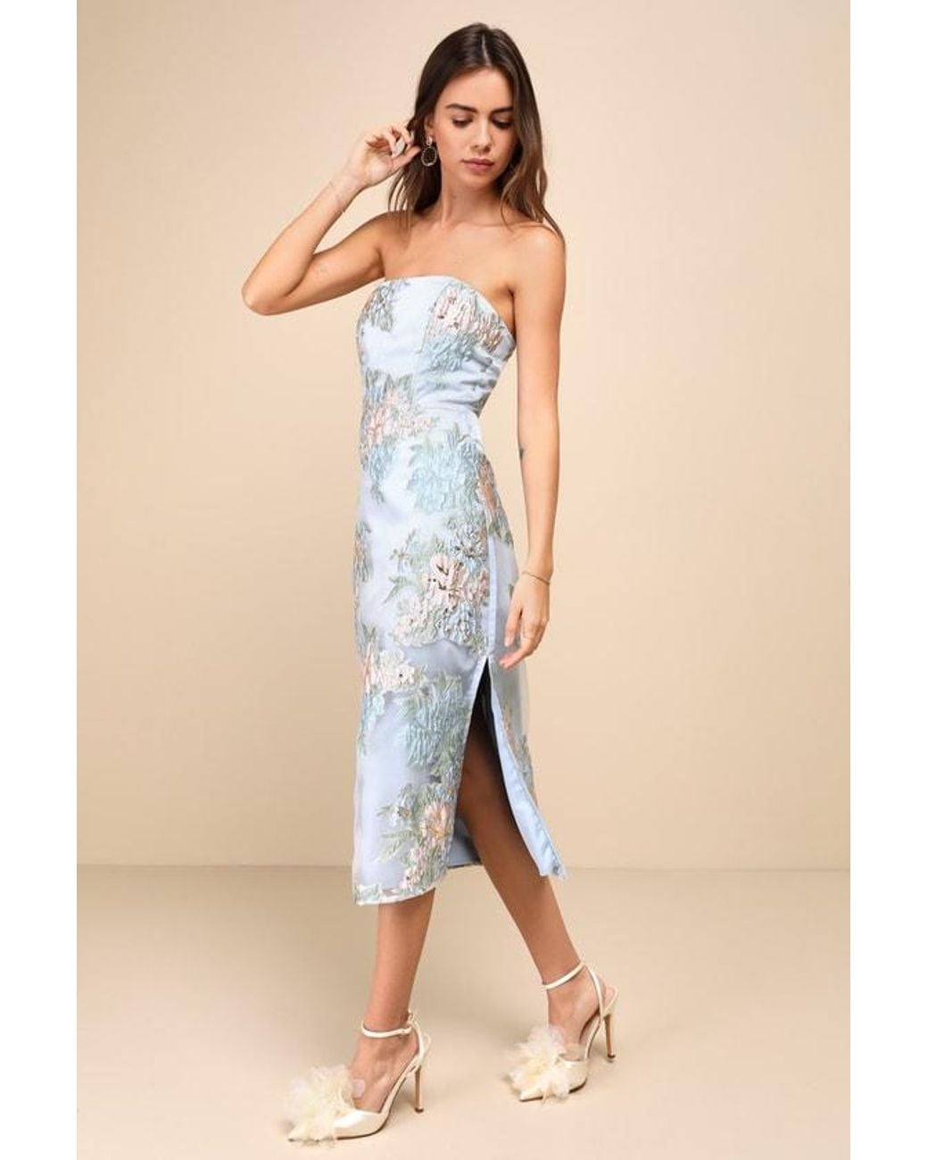 Lulus Blue Upgraded Event Jacquard Strapless Bustier Midi Dress