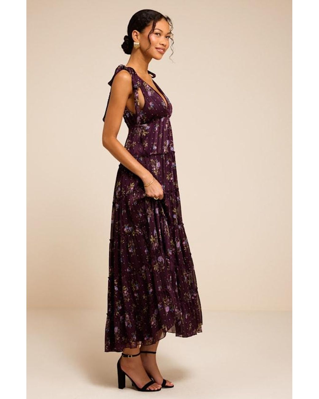 Lulus Purple Daylin Plum Floral Tie-Strap Midi Dress