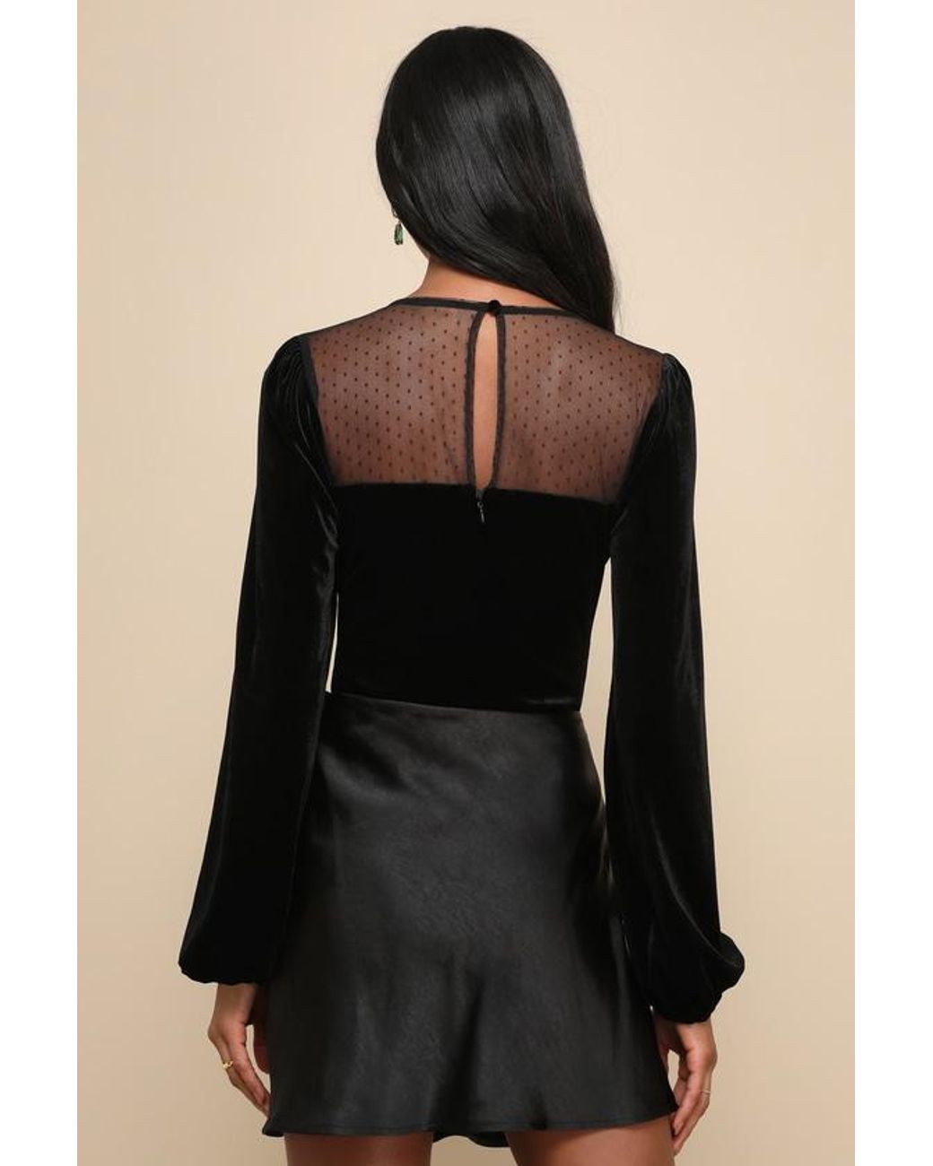 Lulus Black Sweetest Flirt Velvet Mesh Swiss Dot Long Sleeve Bodysuit