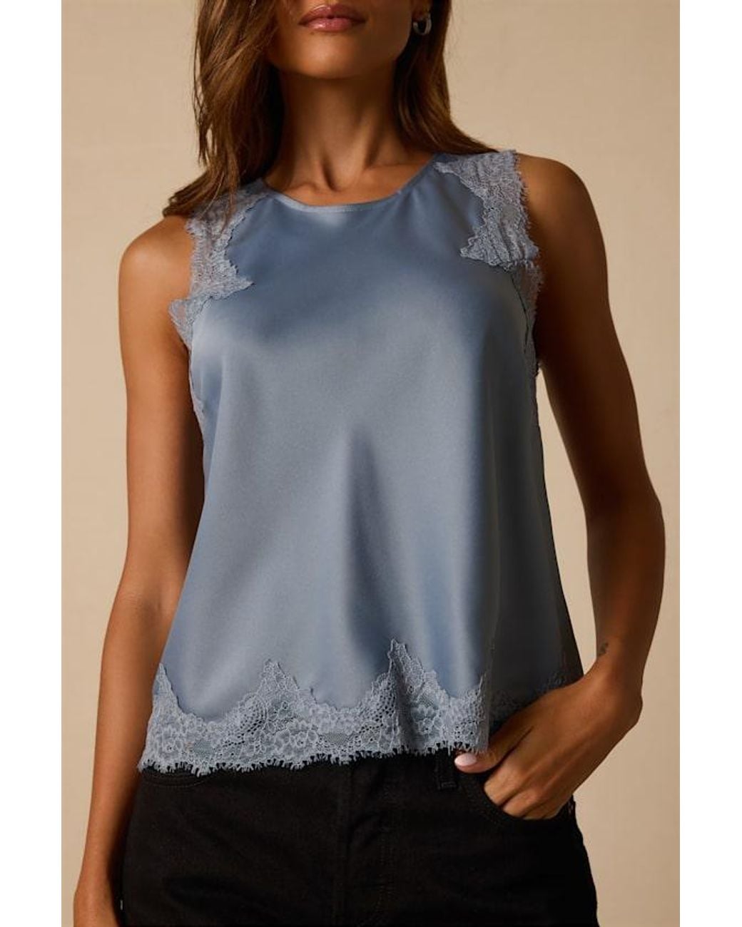 Lulus Blue Jaynae Lace Trim Satin Tank Top