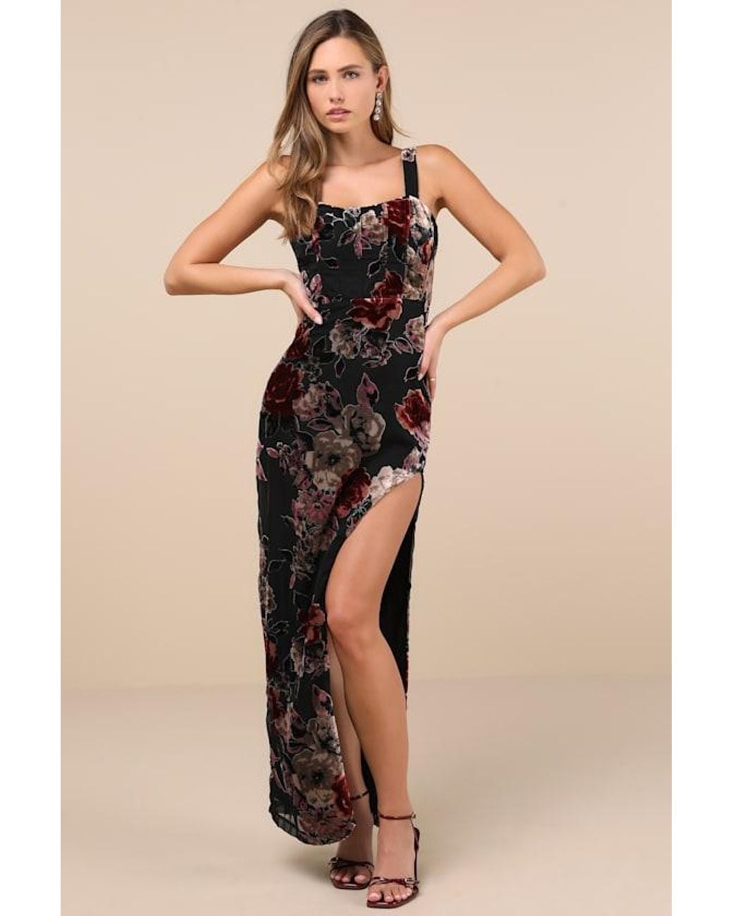 Lulus Blissful Evening Floral Velvet Burnout Maxi Dress in Natural | Lyst