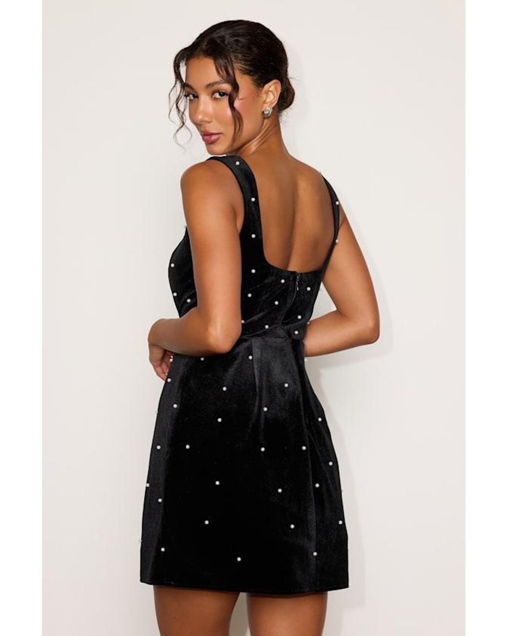 Lulus Black Mia Pearl Velvet Skater Dress