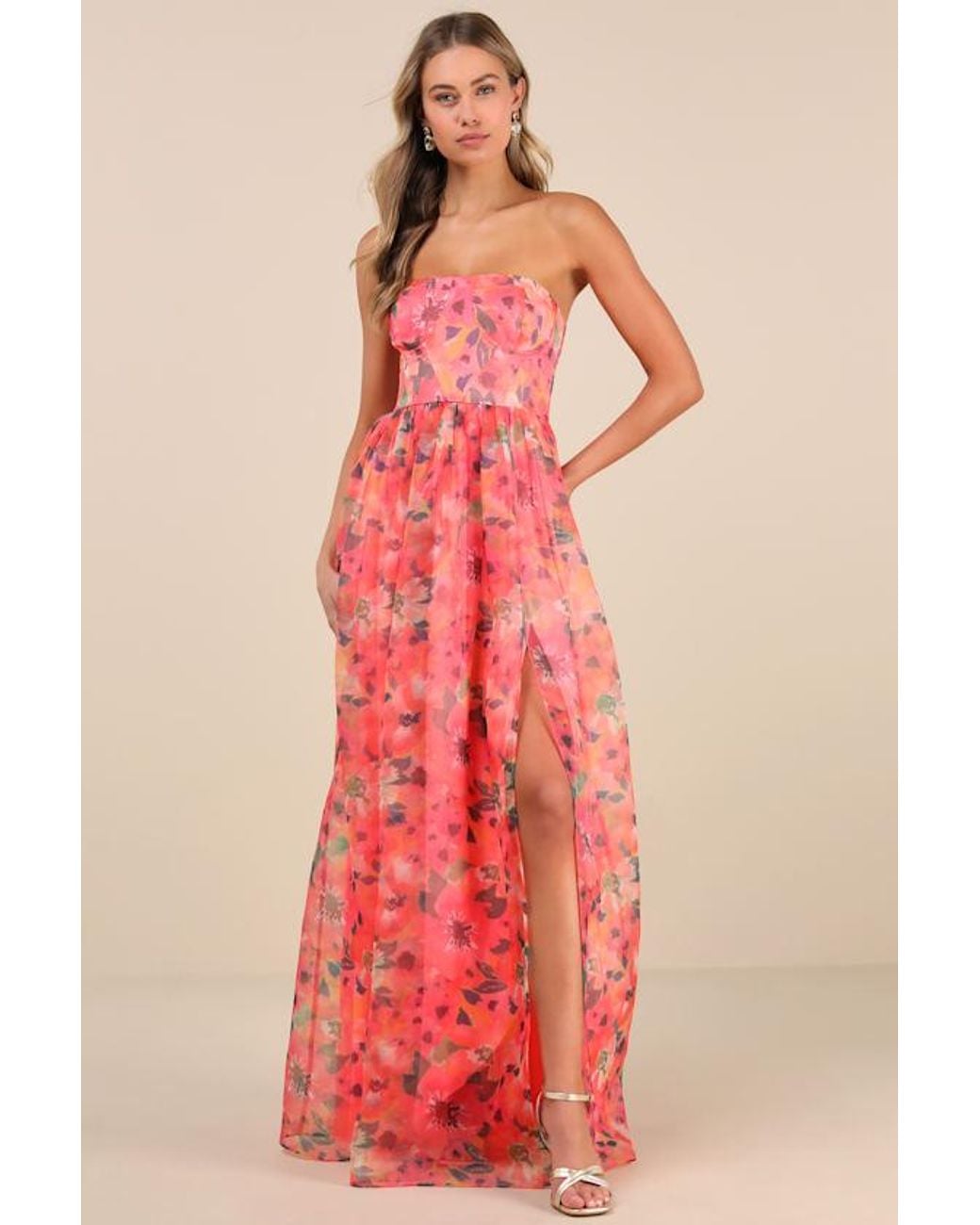 Lulus Red Wonderful Waltz Floral Print Strapless Bustier Maxi Dress
