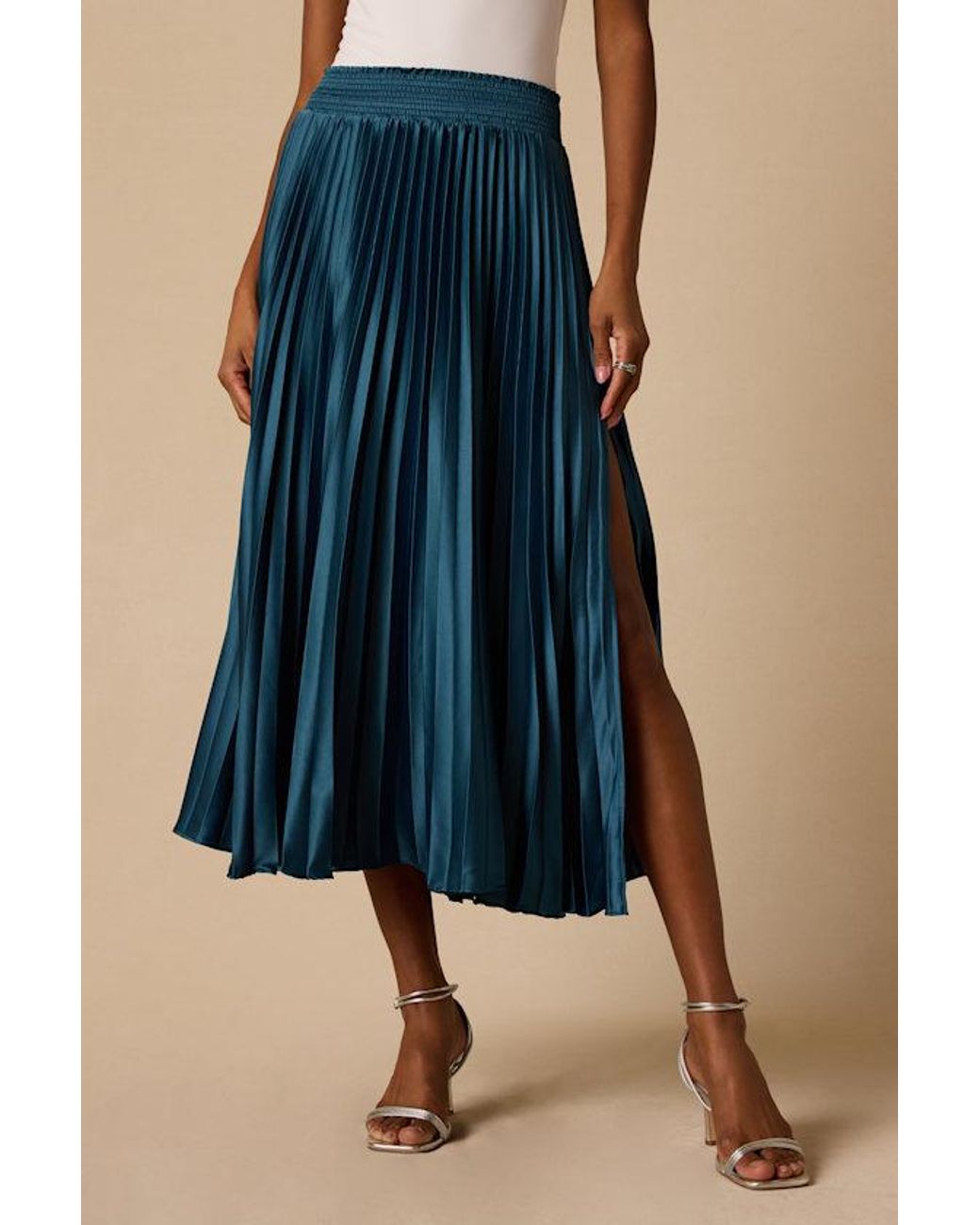 Lulus Blue Sophisticated Vision Satin Pleated Midi Skirt