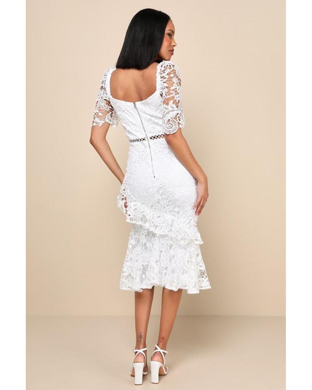 Lulus Natural Briarwood Lace Ruffled Midi Dress