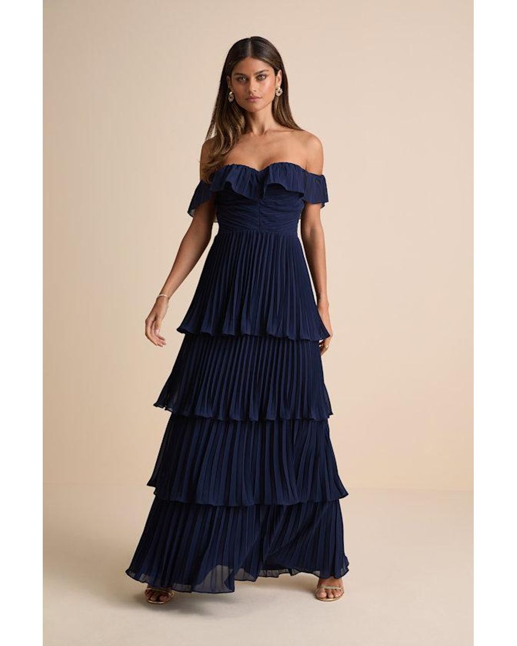 Lulus Blue Always Remarkable Pleated Off-The-Shoulder Maxi Dress