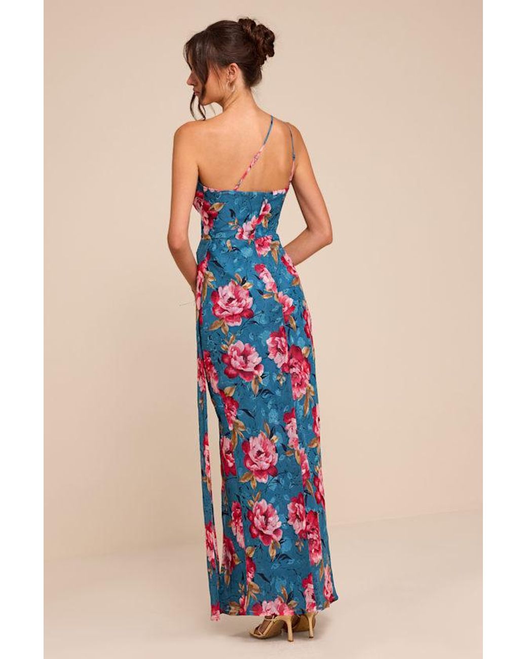 Lulus Blue Miki Floral Print One-Shoulder Sash Maxi Dress