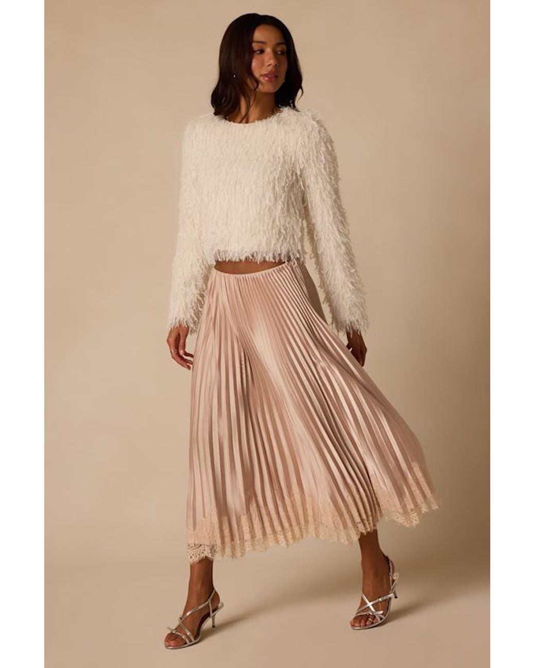 Lulus Natural Delancey Pleated Satin Midi Skirt