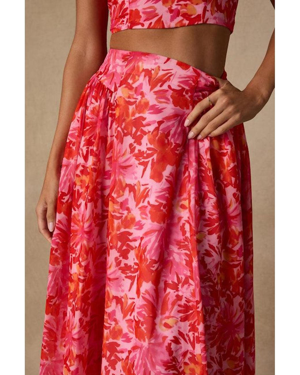 Lulus Red Nashira Multi Floral High-Rise Midi Skirt