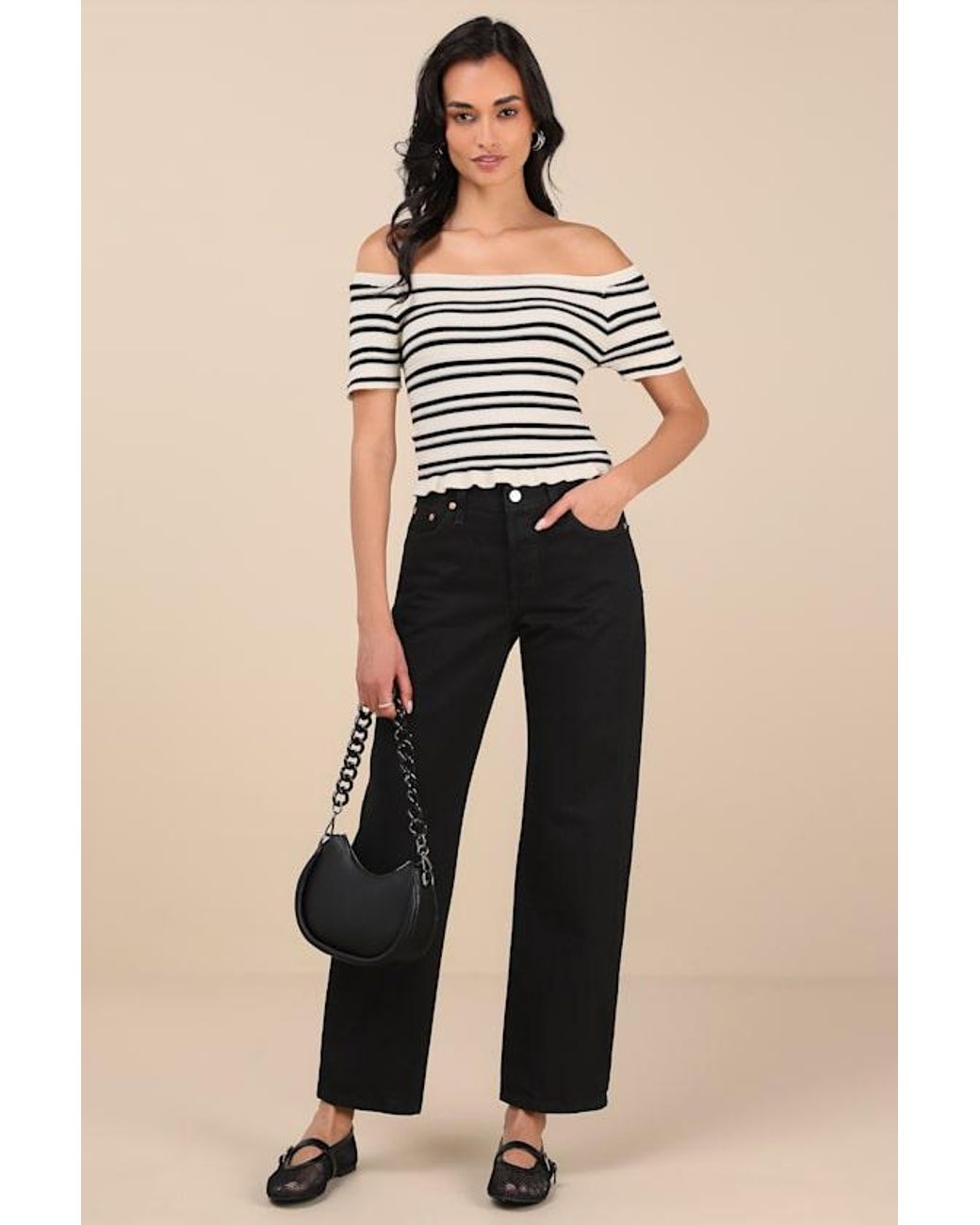 Lulus Black Erela Cream And Striped Off-The-Shoulder Sweater Top
