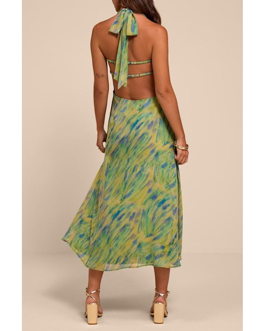 Lulus Green Reyes Multi Abstract Halter Midi Dress