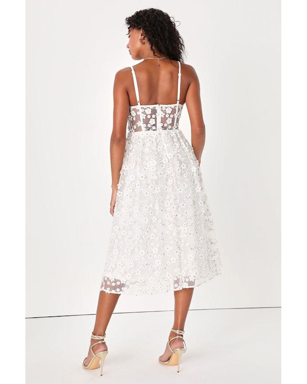 Lulus White Darling Romance Tulle Floral Applique Bustier Midi Dress