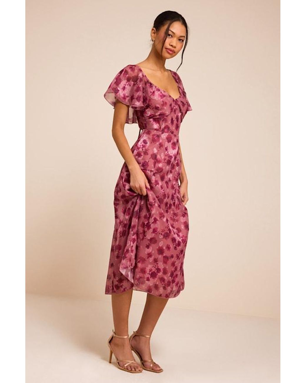 Lulus Pink Camillo Floral Jacquard Flutter Sleeve Midi Dress