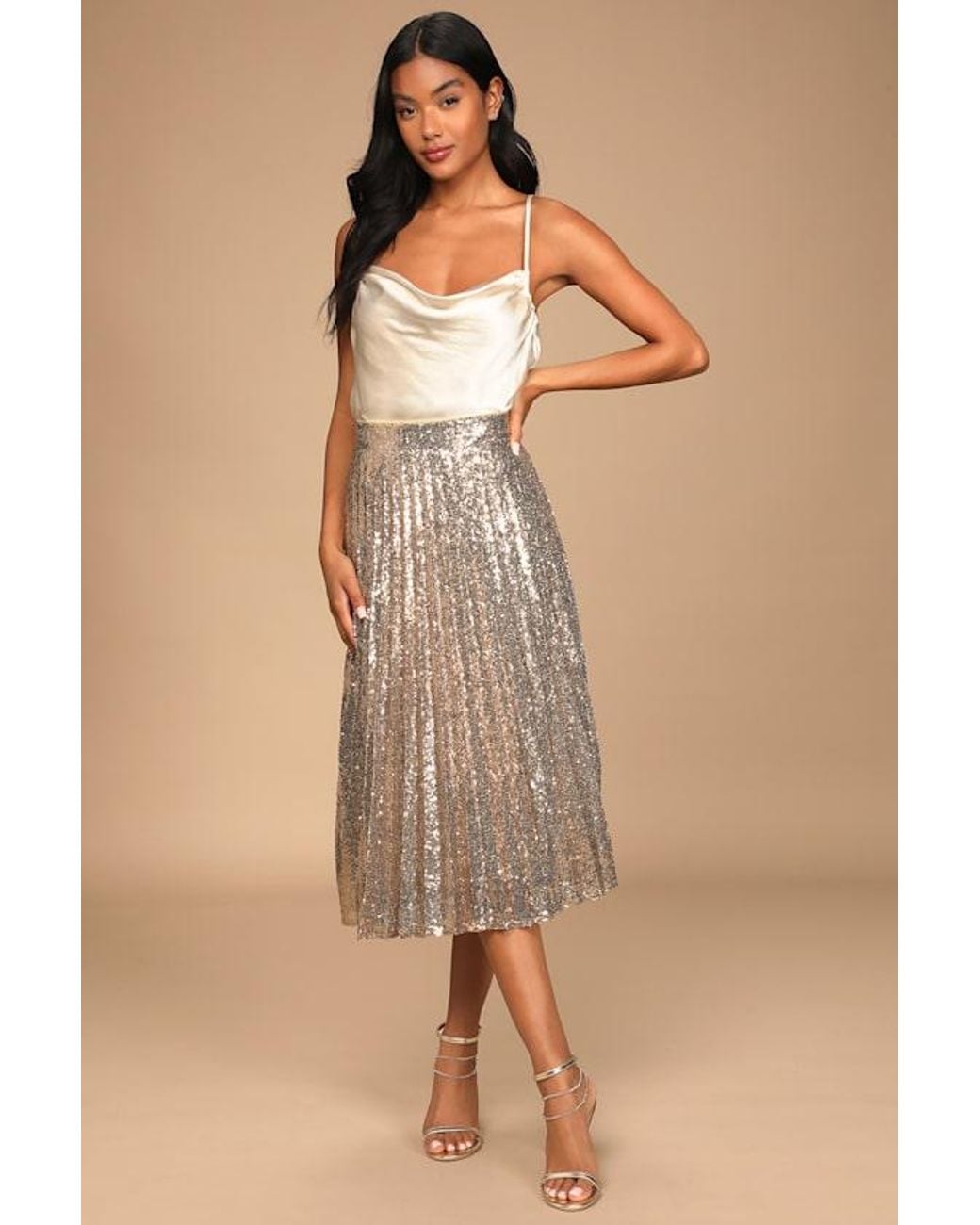 Lulus Natural Glamorous Occasion Sequin Pleated Midi Skirt