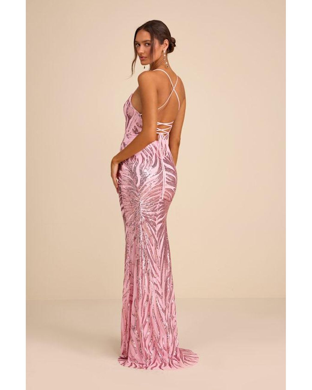 Lulus Pink Sparkle 'Til Dawn Sequin Lace-Up Mermaid Maxi Dress