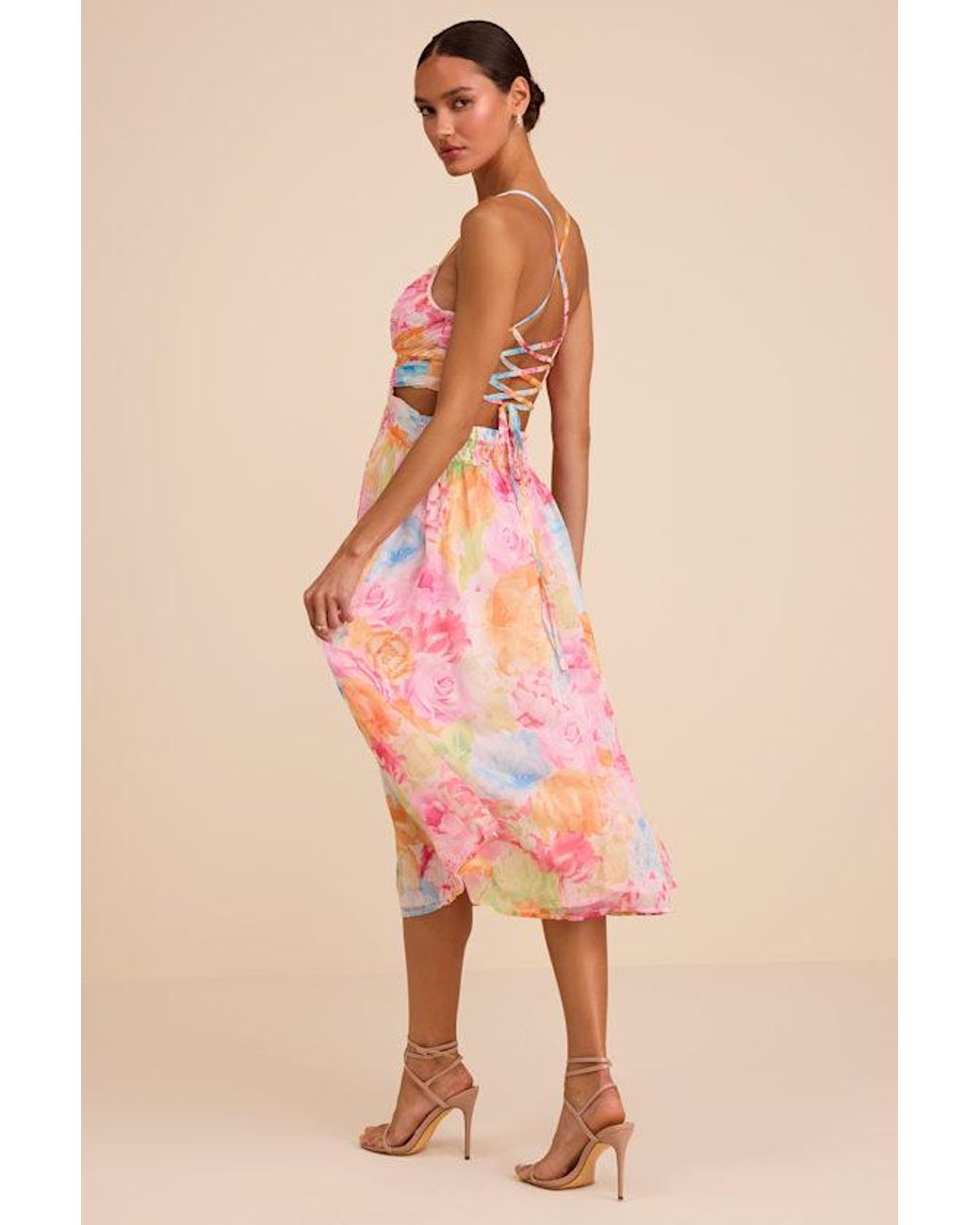 Lulus Pink Ettalie Multi Floral Lace-Up Midi Dress