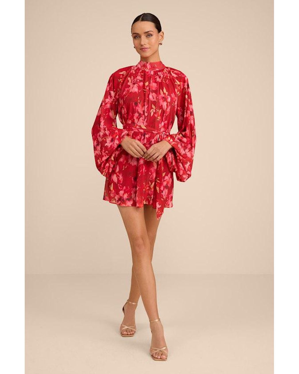 Lulus Red Lata Floral Mock Neck Belted Mini Dress