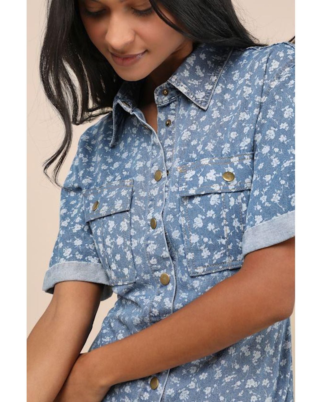 Lulus Blue Renske Light Wash Floral Print Denim Mini Dress