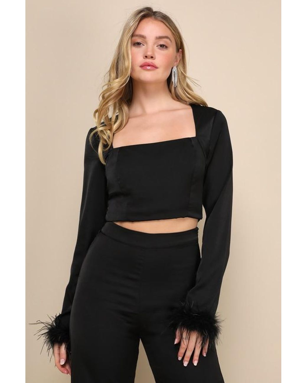 Lulus Black Premium Aura Satin Feather Long Sleeve Crop Top