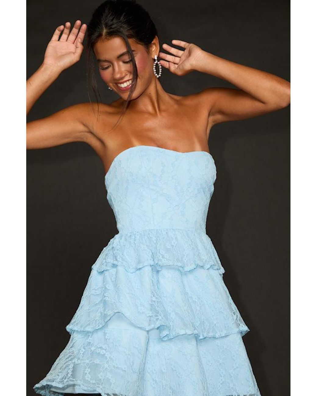 Lulus Black Sweet Perception Lace Strapless Tiered Mini Dress