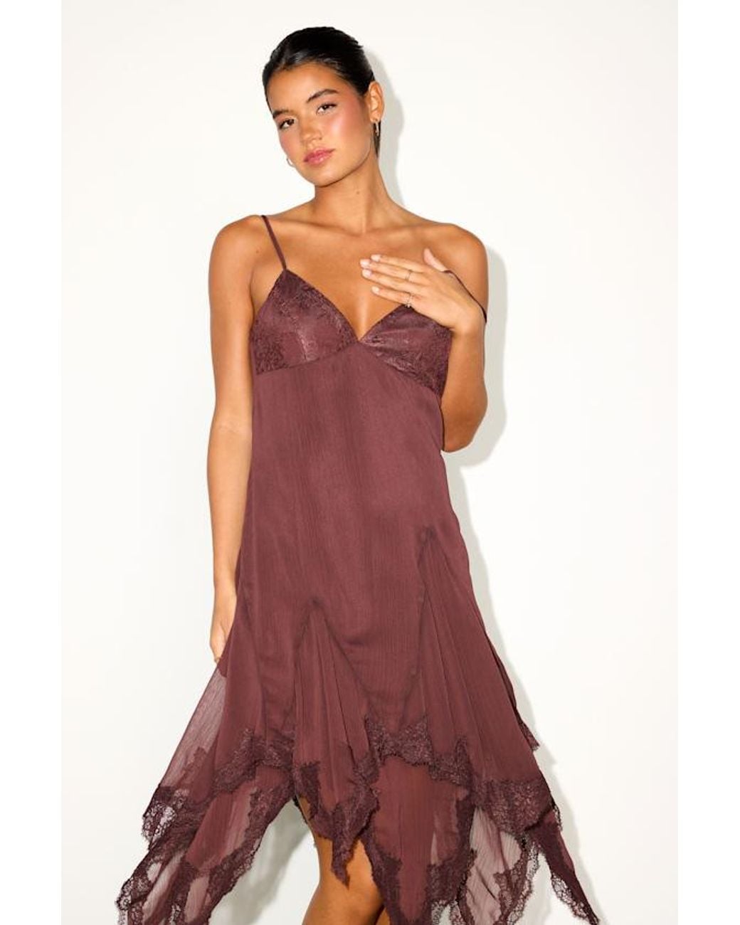 Lulus Evelora Plum Lace Chiffon Handkerchief Midi Dress in Red
