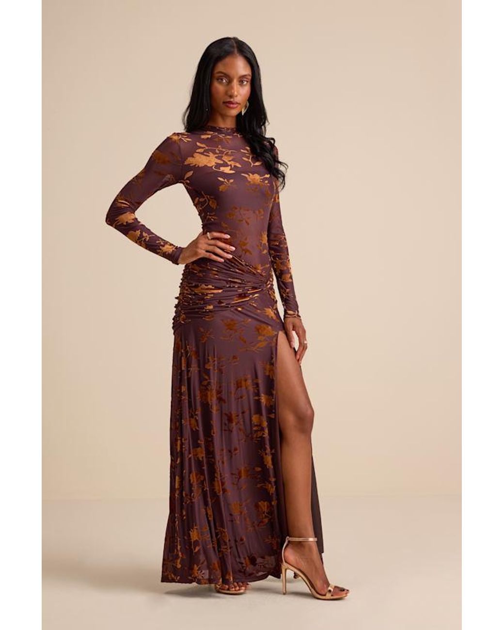 Lulus Charlize Sheer Mesh Velvet Burnout Maxi Dress in Brown | Lyst