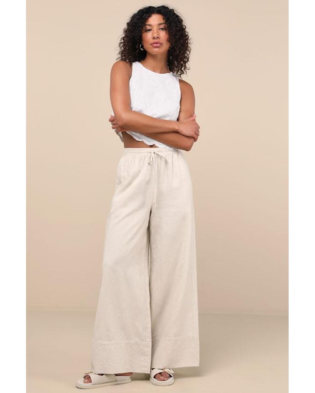 Lulus Natural Brisa Cuffed Wide-Leg Pants