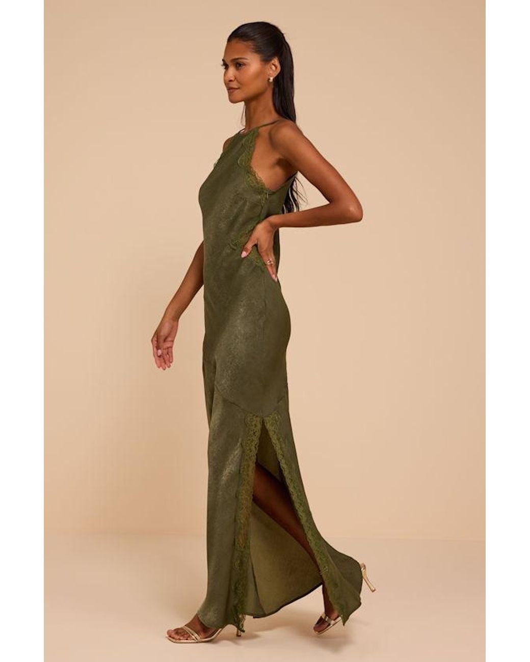 Lulus Natural Raye Satin Lace Maxi Dress