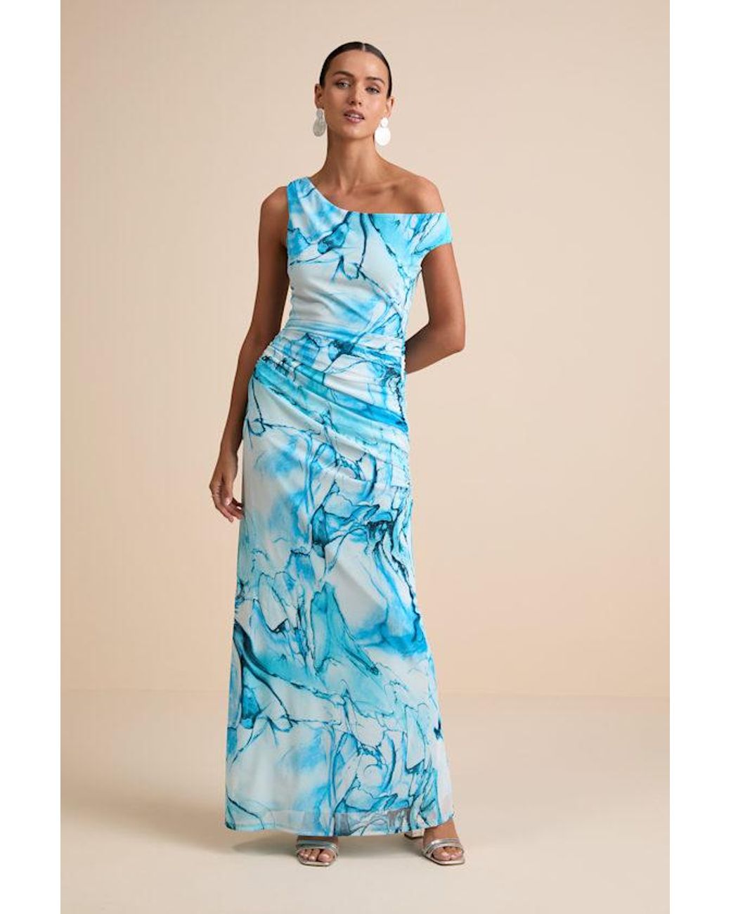 Lulus Blue Jojo Marbled Ruched One-Shoulder Maxi Dress