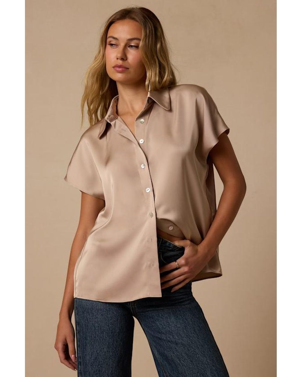 Lulus Natural Dena Taupe Satin Button-Up Top