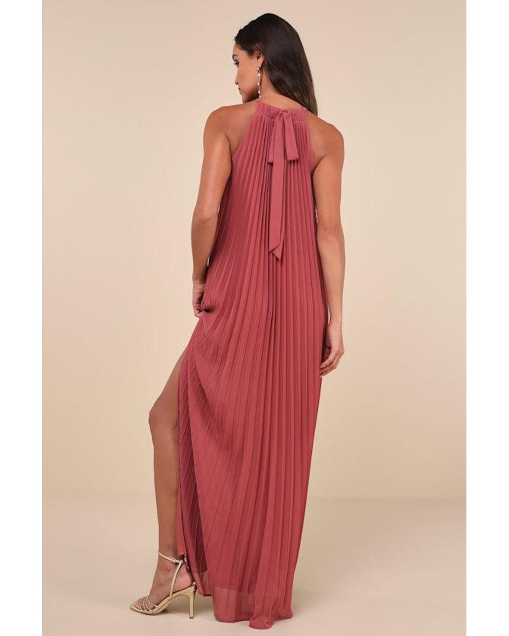 Lulus Red Exceptionally Elegant Rusty Rose Pleated Chiffon Maxi Dress