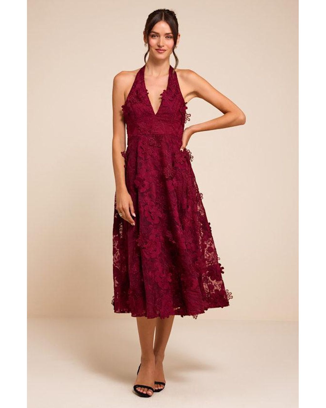 Lulus Kennia 3D Floral Embroidered Halter Midi Dress