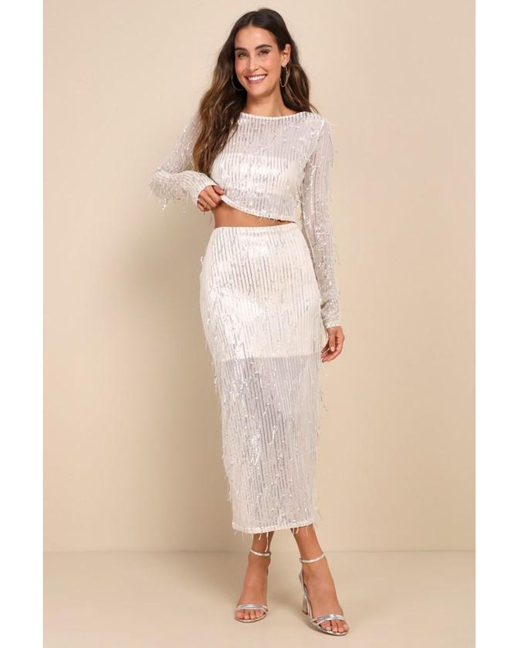 Lulus Natural Greatest Sparkle Mesh Sequin Fringe Two-Piece Midi Dress