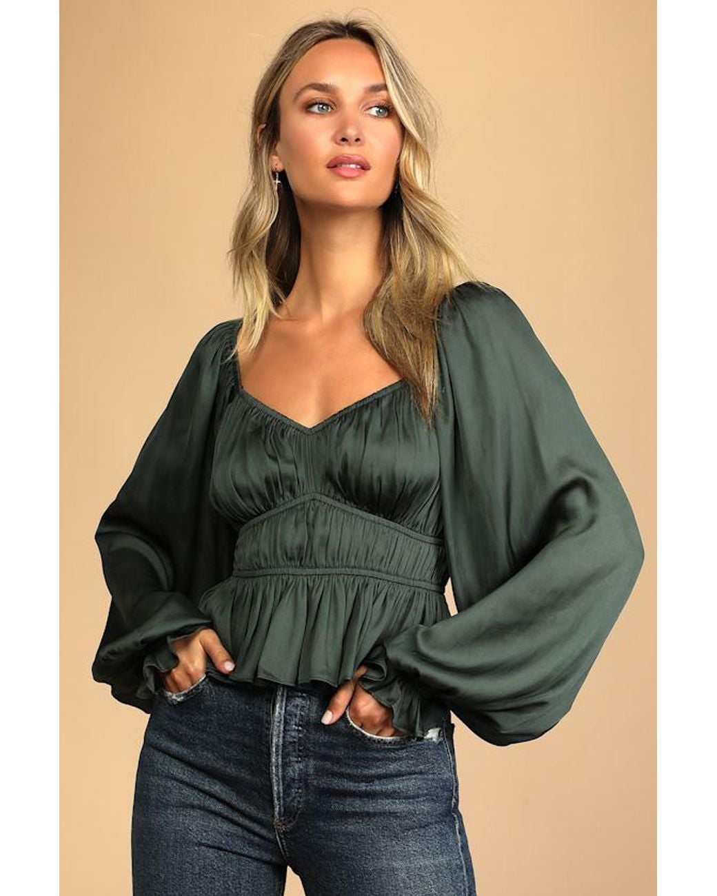 Lulus Green Sophisticate Satin Ruched Long Sleeve Top