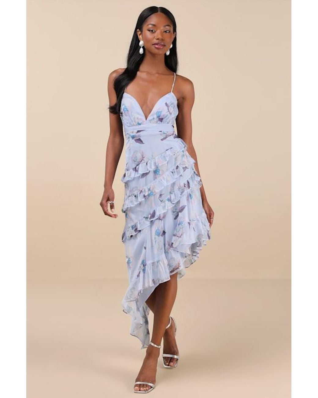 Lulus Saveria Floral Ruffled Asymmetrical Maxi Dress in Blue | Lyst