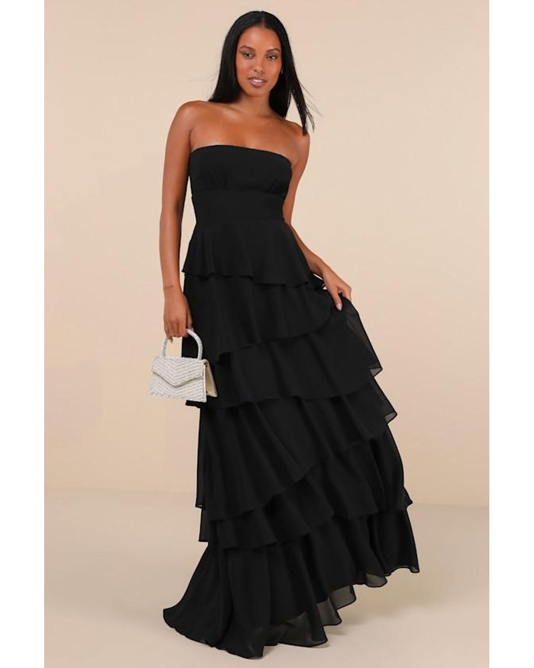 Lulus Gorgeous Essence Strapless Tiered Maxi Dress in Black | Lyst