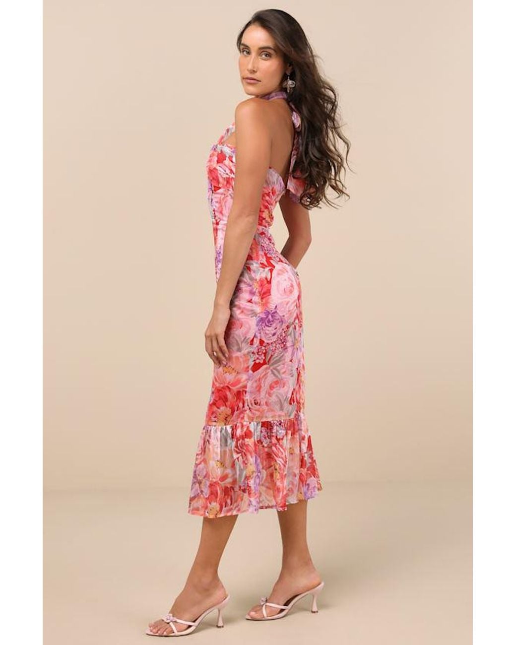 Lulus Pink Juno Multi Floral Halter Trumpet Midi Dress