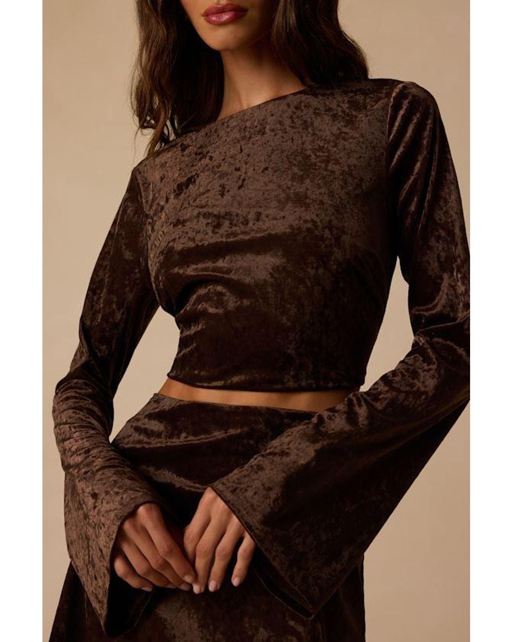 Lulus Brown Talaria Velvet Cutout Long Sleeve Crop Top