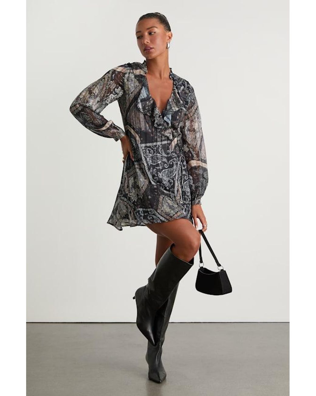 Lulus Gray Claire Dark Boho Print Wrap Mini Dress