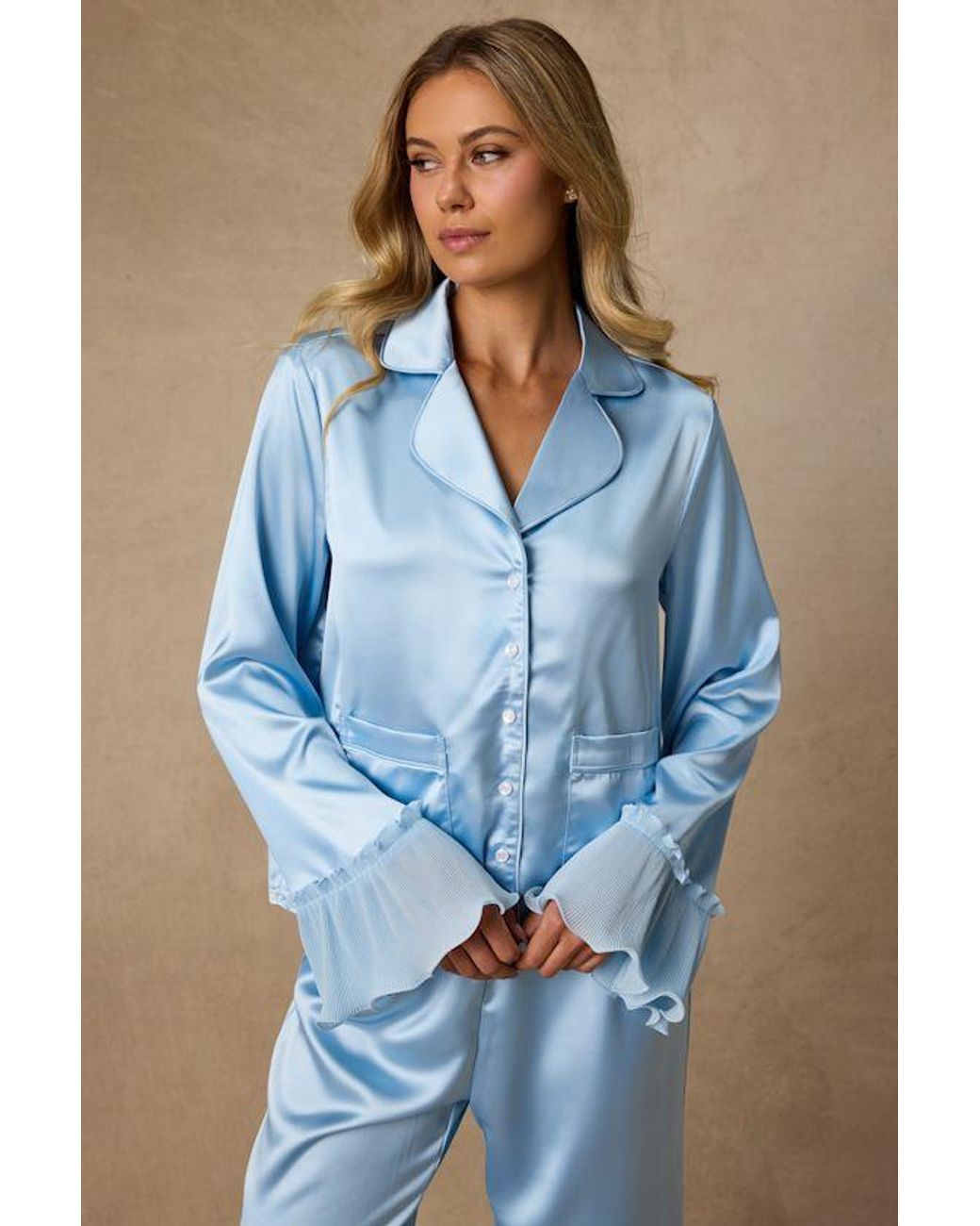 Lulus Blue Melanie Satin Ruffled Two-Piece Pajama Set