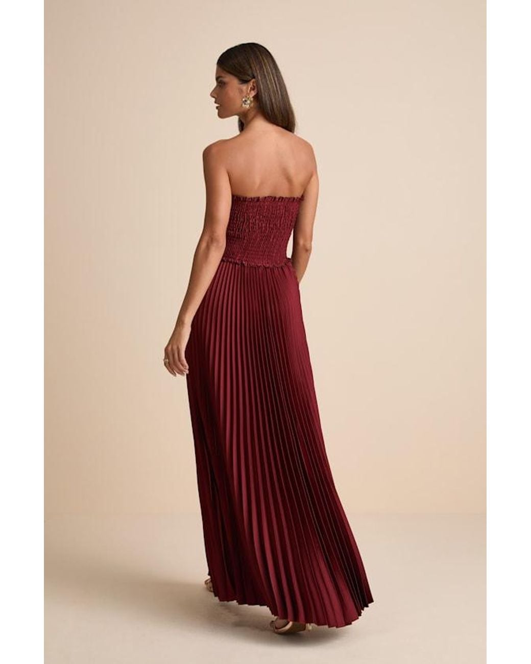 Lulus Damira Rust Satin Pleated Strapless Maxi Dress in Red | Lyst