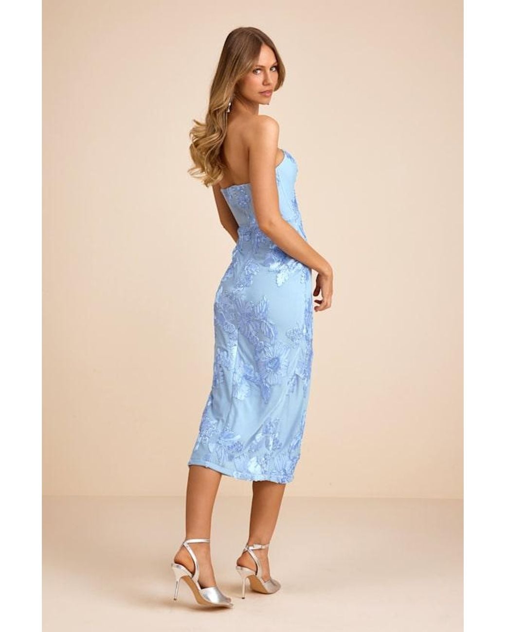 Lulus Blue Kattalin Floral Applique Strapless Midi Dress