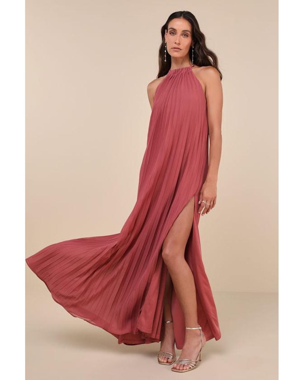 Lulus Red Exceptionally Elegant Rusty Rose Pleated Chiffon Maxi Dress