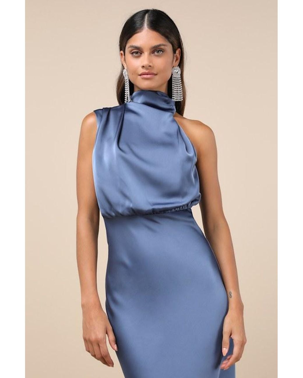 Lulus Blue Distinctive Charm Satin Asymmetrical Midi Dress